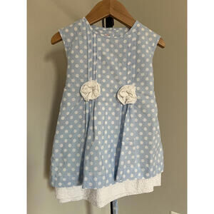 Vintage L'enfant Luxe Blue & White Polka Dot Tie Back Day Dress - Size 18M